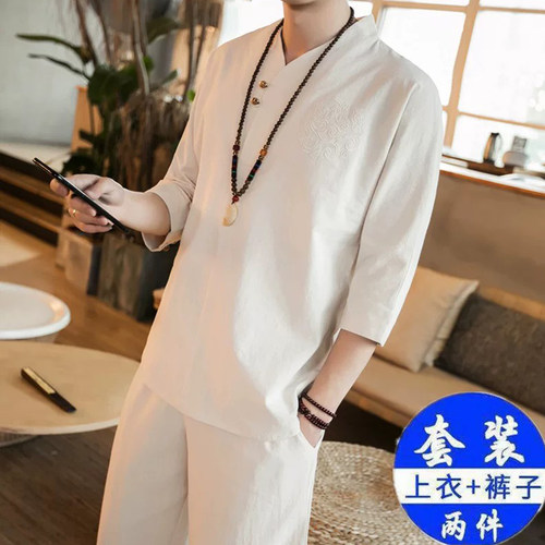中国风两件套衣服短袖套装男宽松中式古风民族风汉服禅服禅意唐装 - 图0