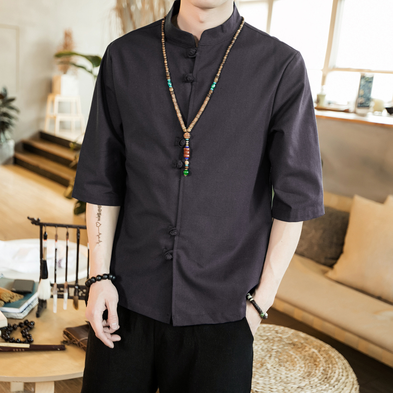 绿坝旗舰店中国风盘扣七分袖男青年中式汉服上衣唐装大码复古半袖男装茶禅服3