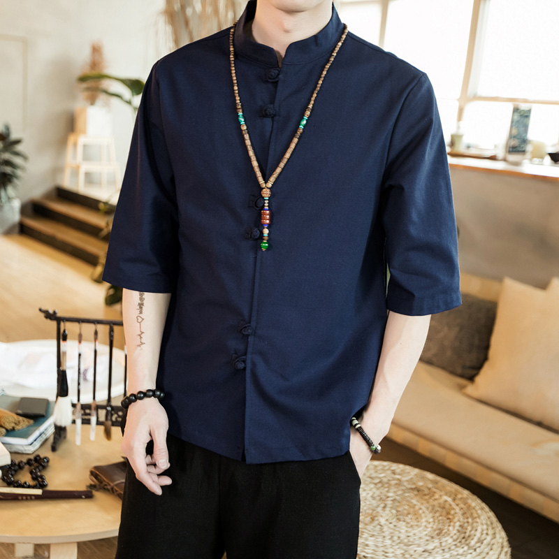 绿坝旗舰店中国风盘扣七分袖男青年中式汉服上衣唐装大码复古半袖男装茶禅服2