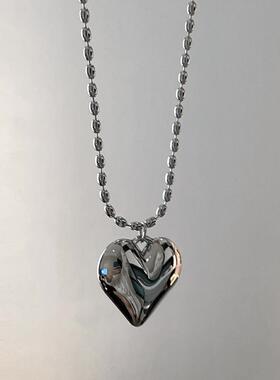 韩国大爱心毛衣链长款银色