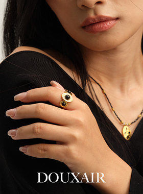 新风潮黑玛瑙金色戒指开口复古时尚指环高级感轻奢小众食指戒女