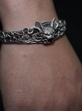 kozoo原创设计德文妖猫面手镯银饰品925纯银饰品暗黑国潮甜酷情侣