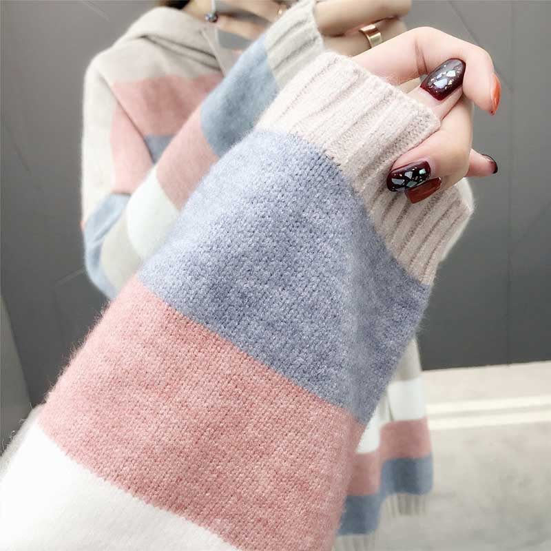 秋冬彩虹条纹宽松外穿2020针织衫 芮初服饰毛衣