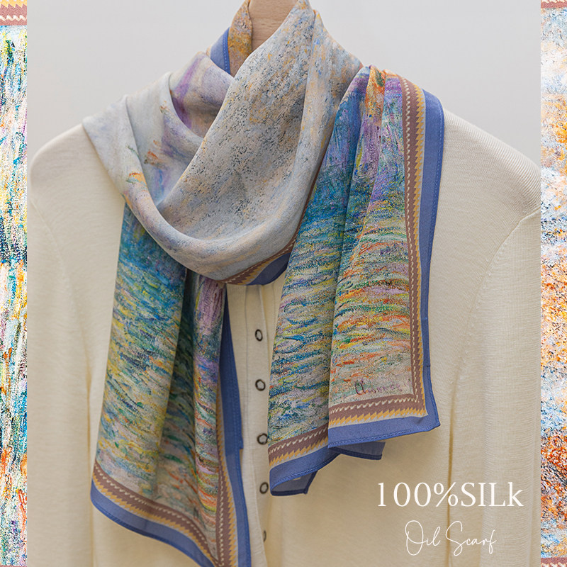 绵密油画~奶油色彩100%桑蚕丝丝巾长条真丝围巾高档送礼杭州薄款,淘宝优惠券,粉丝福利购,淘宝优惠卷