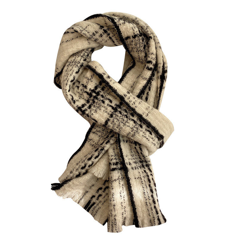 梭织山羊绒coco风小香编织纹黑白贵气窄版简约围巾女冬季韩版百搭,淘宝优惠券,粉丝福利购,淘宝优惠卷