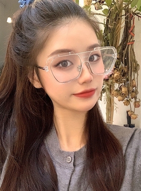 超大框网红连体透明防风眼镜女复古圆脸素颜可配近视镜太阳眼镜男