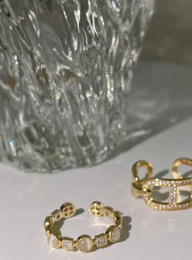 韩国2021年新款潮猪鼻子猫石镶钻开口戒指女时尚个性小众设计