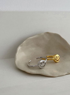 韩国2021年新款潮金色笑脸纯银开口食指可爱戒指女情侣简约冷淡风