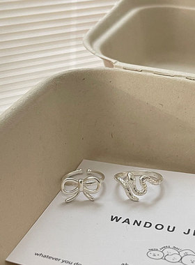 925纯银素银色蝴蝶结戒指小蛇高级感食指戒冷淡风时尚开口可调节