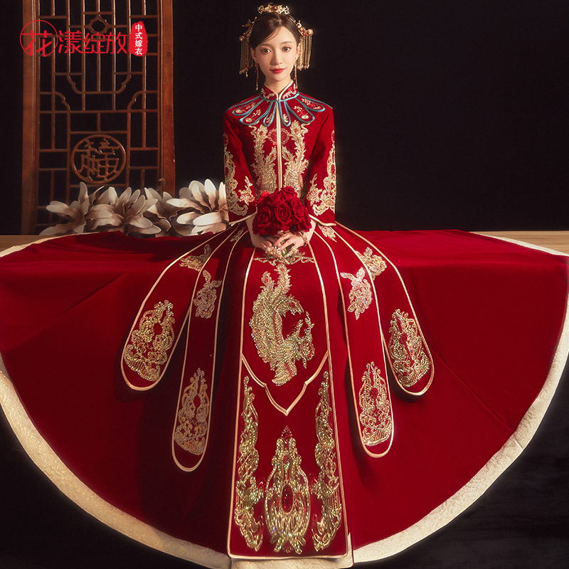 花漾绽放旗舰店丝绒秀禾服新娘新款结婚婚纱敬酒服红色礼服女龙凤褂披肩婚服0