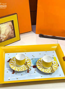 新品H托盘手绘漆木牛皮长托盘