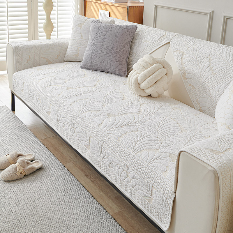 北欧绣花纯色沙发垫四季斜纹纯棉布艺防滑全棉坐垫通用现代沙发巾