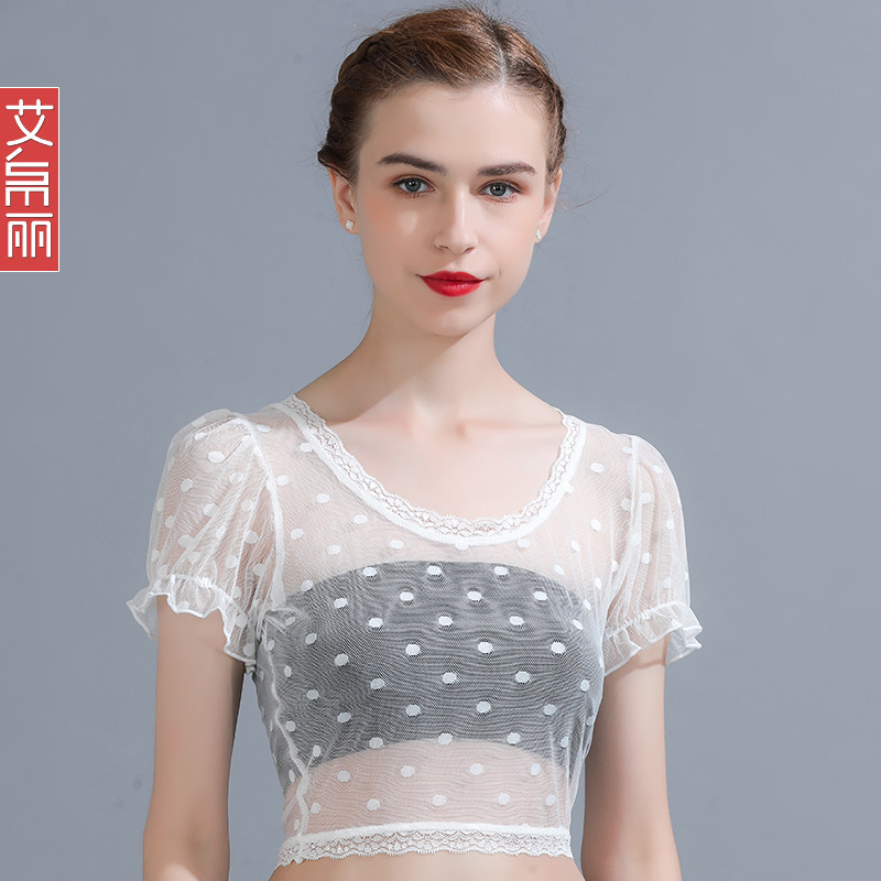 半截黑色蕾丝短袖女修身立领打底衫 艾帛丽蕾丝衫/雪纺衫