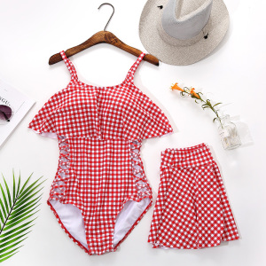 泳衣女连体裙式小香风格子