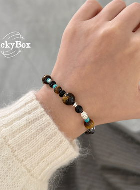 「虎魄」天然虎眼石湖北原矿绿松石s925纯银手串小众设计感手饰女