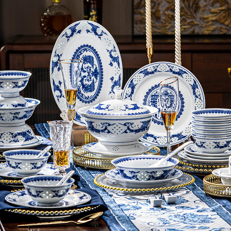 景德镇富玉陶瓷青花玲珑家用饭碗面碗盘子高温瓷釉下彩餐具高级感,淘宝优惠券,粉丝福利购,淘宝优惠卷