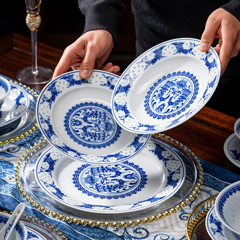 景德镇富玉陶瓷青花玲珑家用饭碗面碗盘子高温瓷釉下彩餐具高级感,淘宝优惠券,粉丝福利购,淘宝优惠卷