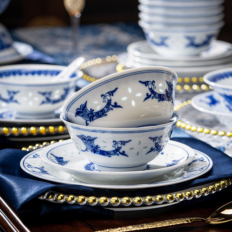 景德镇富玉陶瓷青花玲珑家用饭碗面碗盘子高温瓷釉下彩餐具高级感,淘宝优惠券,粉丝福利购,淘宝优惠卷