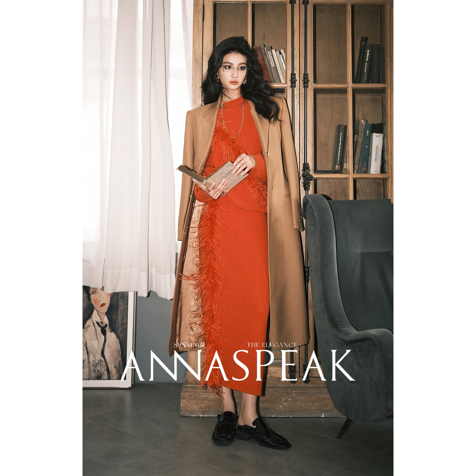 ANNASPEAK 戏剧都市羊绒羊毛手工鸵鸟毛针织衫半裙AS冬季新款套装