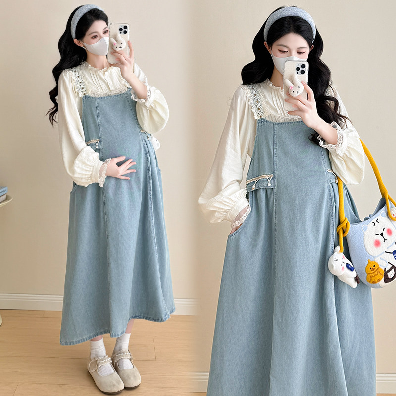 孕妇连衣裙套装春秋2026新款法式蕾丝拼接背带裙牛仔裙减龄甜美风,淘宝优惠券,粉丝福利购,淘宝优惠卷