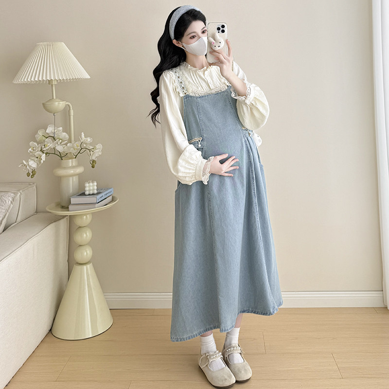 孕妇连衣裙套装春秋2026新款法式蕾丝拼接背带裙牛仔裙减龄甜美风,淘宝优惠券,粉丝福利购,淘宝优惠卷