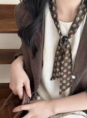 复古咖绿色碎花丝巾项链女小众抽拉式长款毛衣链时髦百搭高级配饰