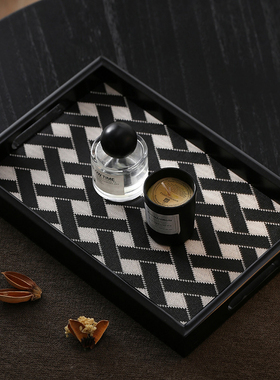 轻奢皮革木托盘长方形装饰摆件