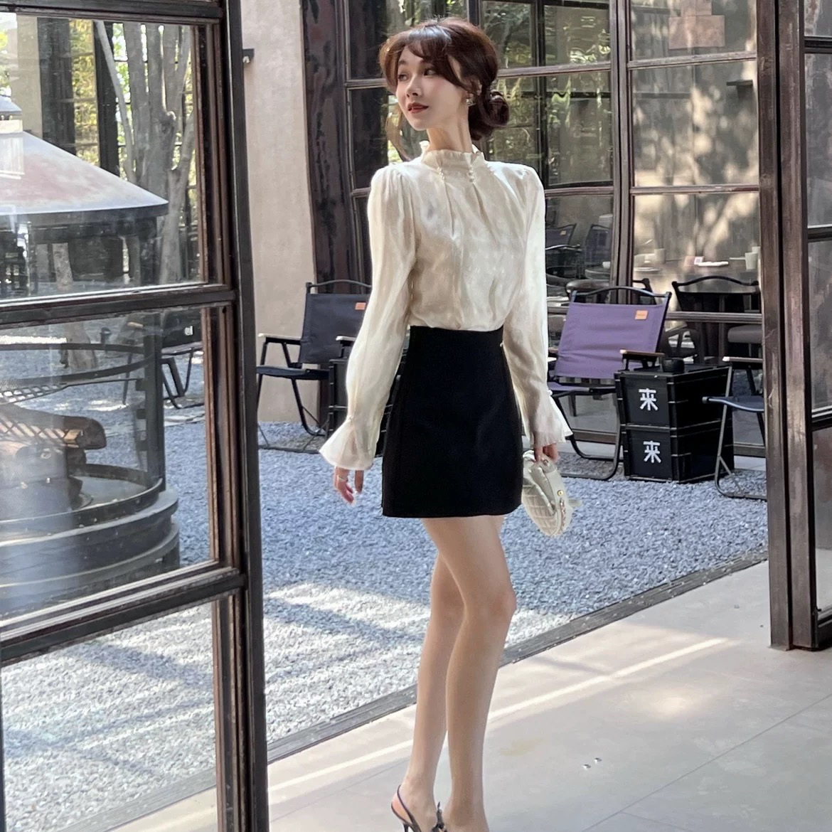 卡卡女装官方旗舰店正品《白月清梦》法式钉珠立领气质小香风衬衣 - 图1