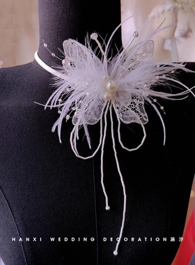 涵汐新款蕾丝羽毛蝴蝶项链颈花