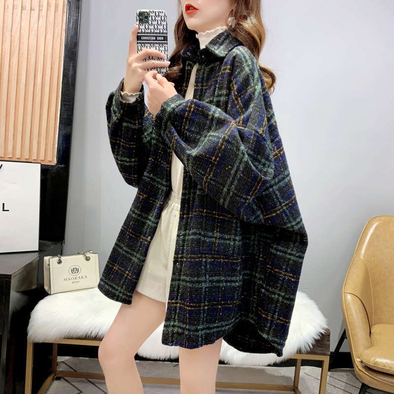 磨毛韩版宽松中长款格子女秋衬衫 卡卡小镇衬衫
