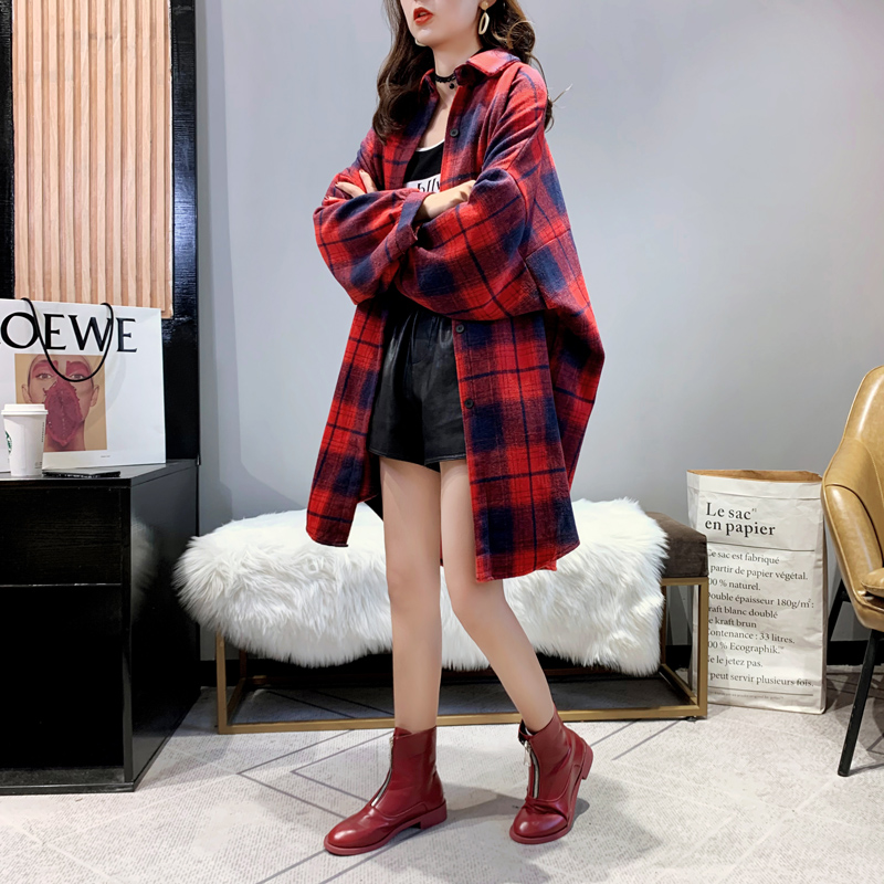 磨毛韩版宽松中长款格子女秋装衬衫 卡卡小镇衬衫
