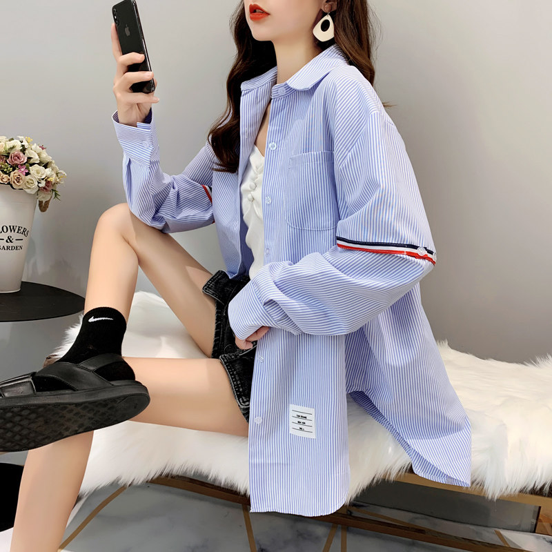 减10条纹外穿秋季宽松慵懒风衬衫 卡卡小镇衬衫