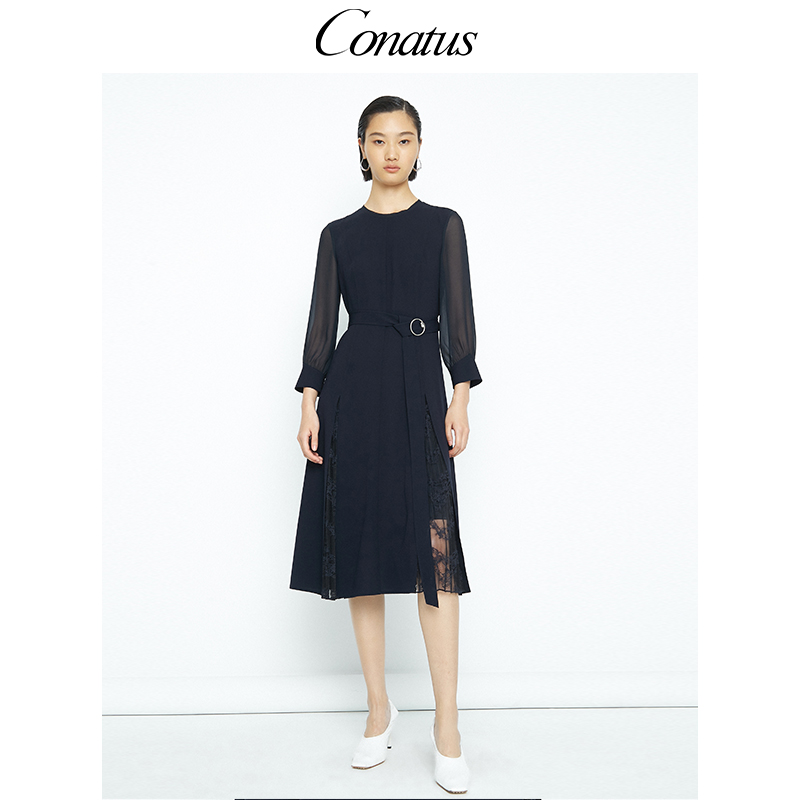 CONATUS/珂尼蒂思热销早秋新款拼接收腰长袖连衣裙气质减龄长裙女-图1