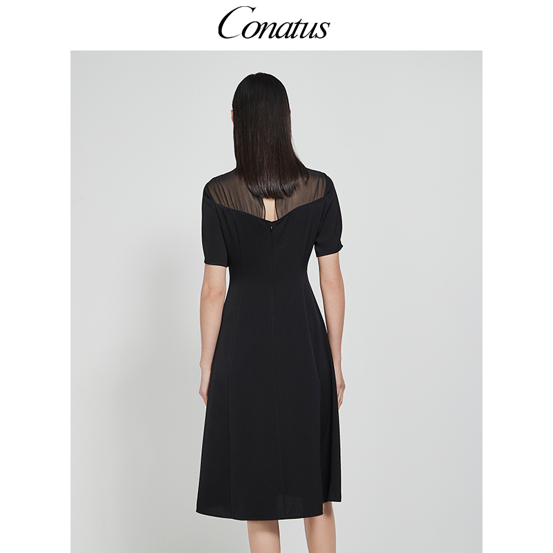 CONATUS/珂尼蒂思黑色赫本风连衣裙热销夏季新款气质收腰圆领裙子 - 图2