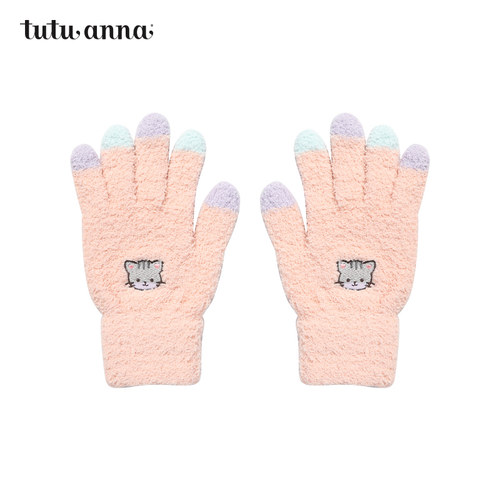tutuanna 秋冬亲子款儿童可爱 毛绒保暖小动物图案刺绣手套男女款 - 图0