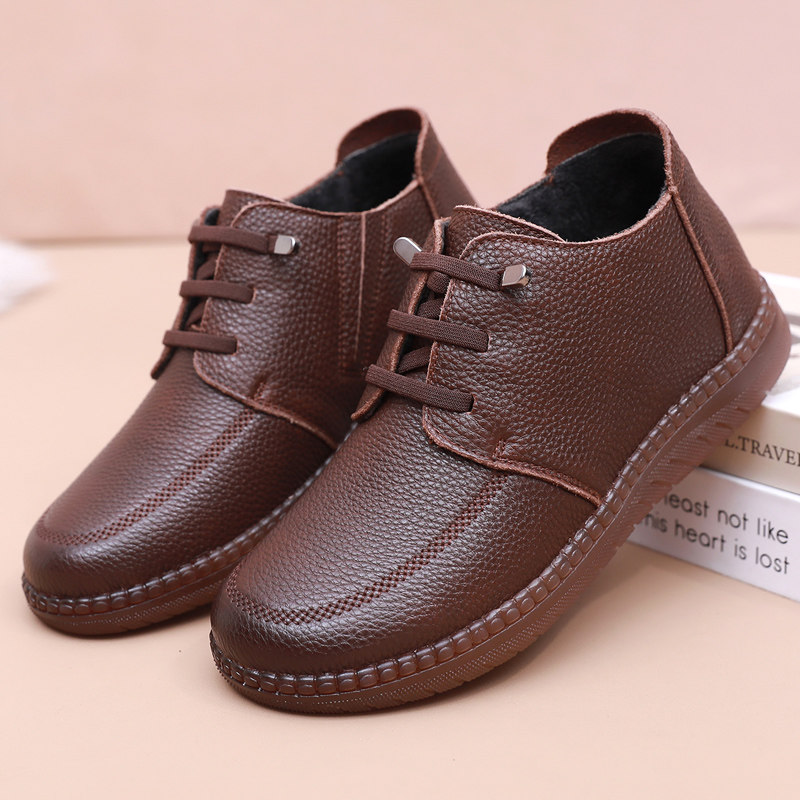 妈妈棉鞋真皮低跟中年女鞋平底2025冬款老人休闲皮鞋加绒软底防滑,淘宝优惠券,粉丝福利购,淘宝优惠卷