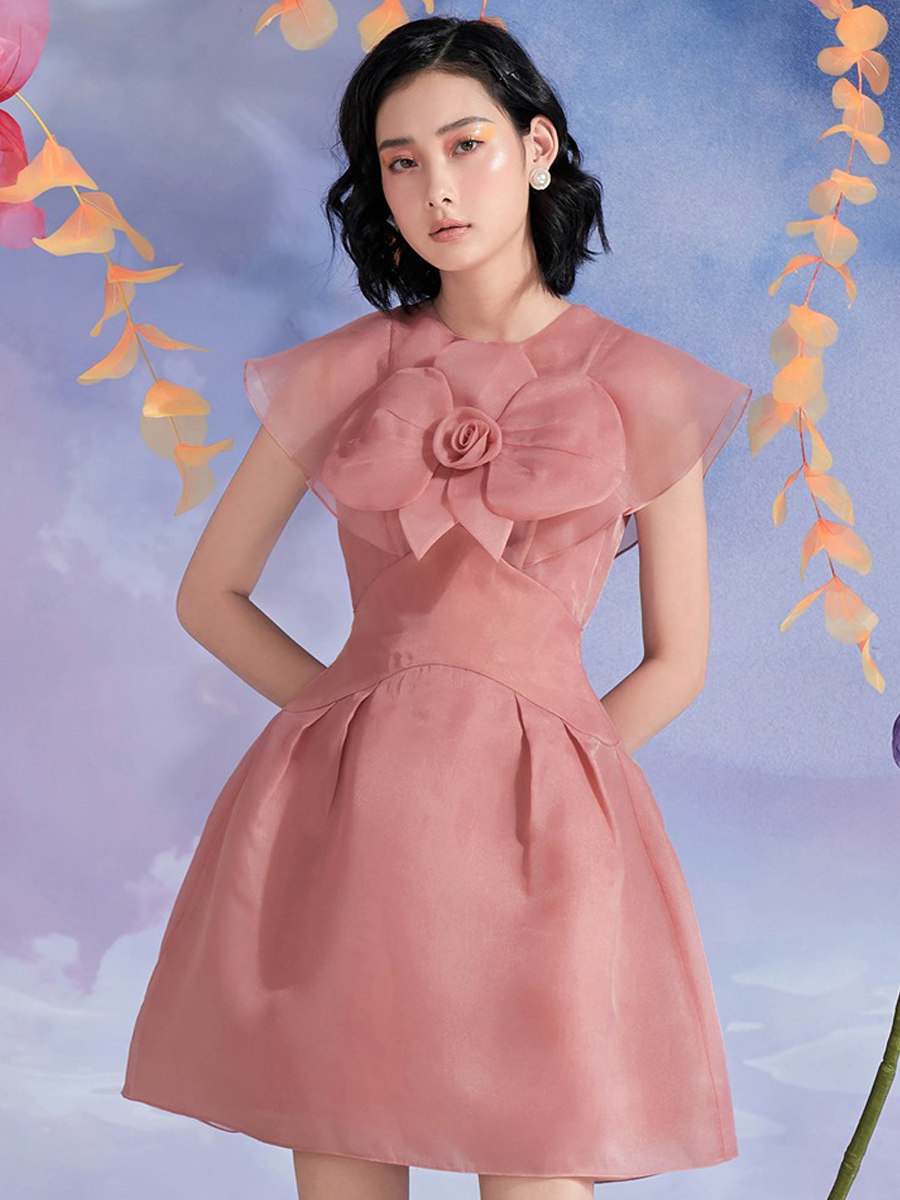 欧根纱胭脂粉色矮小个子俏皮连衣裙 知觉之门连衣裙