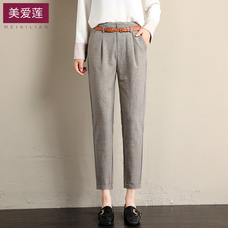 英伦格子休闲裤女哈伦裤九分裤高腰职业西裤烟管裤宽松直筒复古,淘宝优惠券,粉丝福利购,淘宝优惠卷