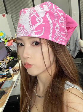 韩系复古航海图案方巾领巾时尚涩谷辣妹粉色包头巾氛围感嘻哈街头