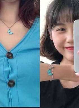 ins网红同款韩国蓝色蝴蝶一字扣手链ins超火情侣闺蜜手镯手饰