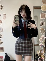 Korean hot girl suit hidden cyan short suit jacket autumn college wind minor west suit grunge tattooed hip skirt JK uniform