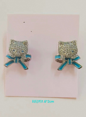 高品质 出口欧美轻奢大牌 可爱猫咪珐琅釉蓝色蝴蝶结耳钉项链女
