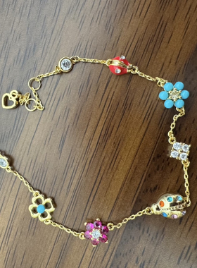 高品质出口欧美 外贸镀金手链女金色小瓢虫花朵手链