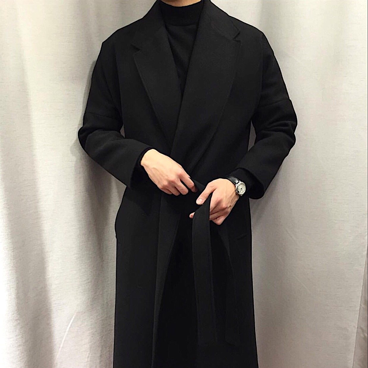 F4man韩国大牌风纯黑色过膝长款系带大翻领宽松风衣男呢大衣外套,淘宝优惠券,粉丝福利购,淘宝优惠卷