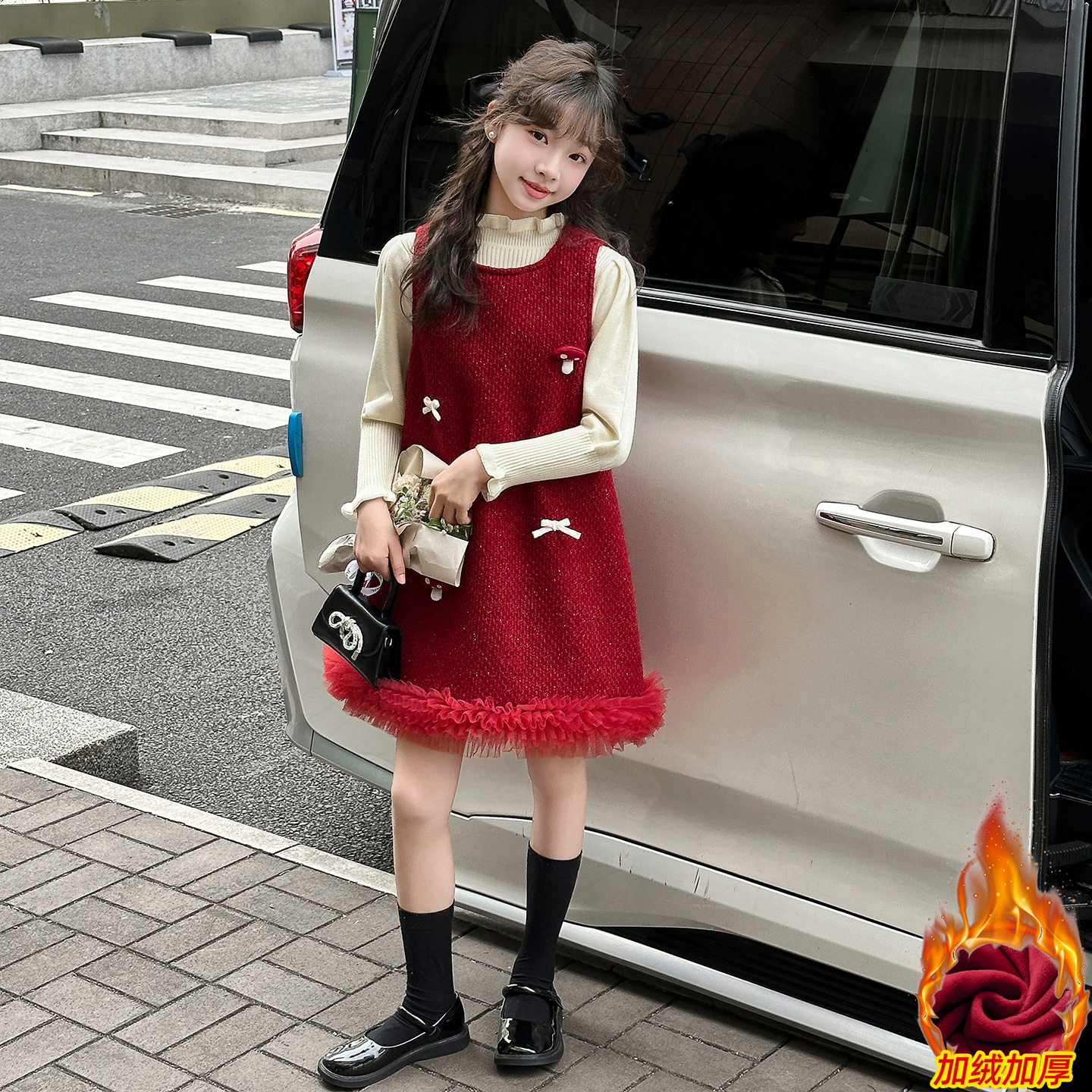 女童加绒连衣裙秋冬2025新款女孩大童小香风背心裙儿童红色拜年服,淘宝优惠券,粉丝福利购,淘宝优惠卷
