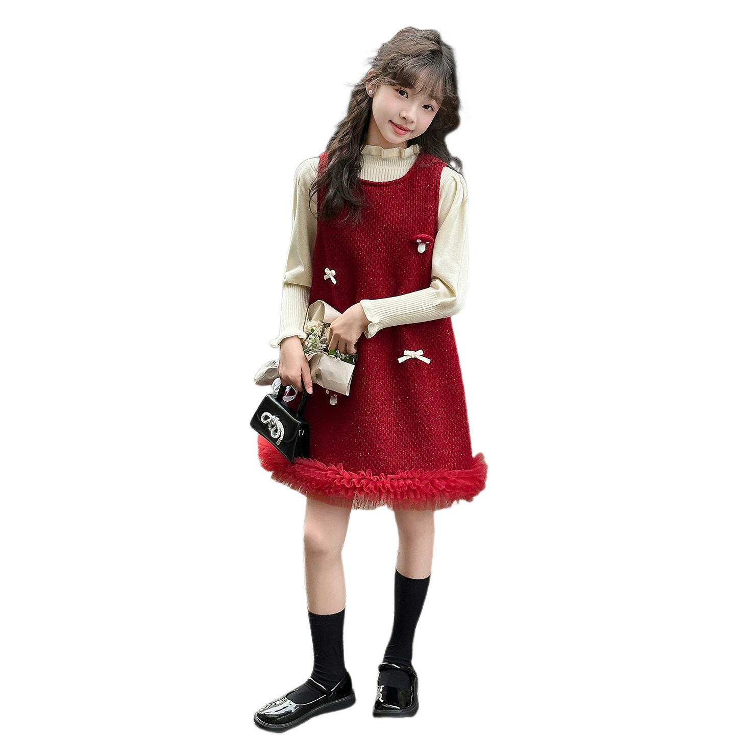 女童加绒连衣裙秋冬2025新款女孩大童小香风背心裙儿童红色拜年服,淘宝优惠券,粉丝福利购,淘宝优惠卷