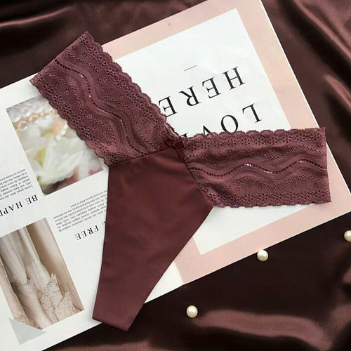 新品奢华性感丝滑一片式无痕丁字裤T字内裤女中低腰短裤蕾丝V腰头 - 图1