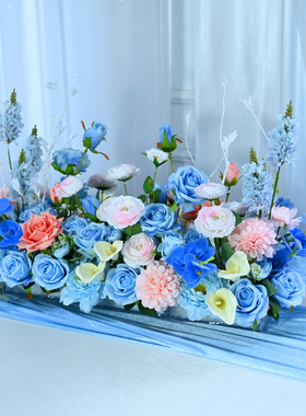 蓝粉色玫瑰生日宴商务酒会桌花