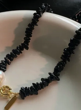 巴洛克淡水复古项链珍珠拼接黑玛瑙颈链水手扣天然石设计小众时尚