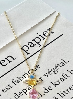 土星彩钻锆石水滴吊坠项链